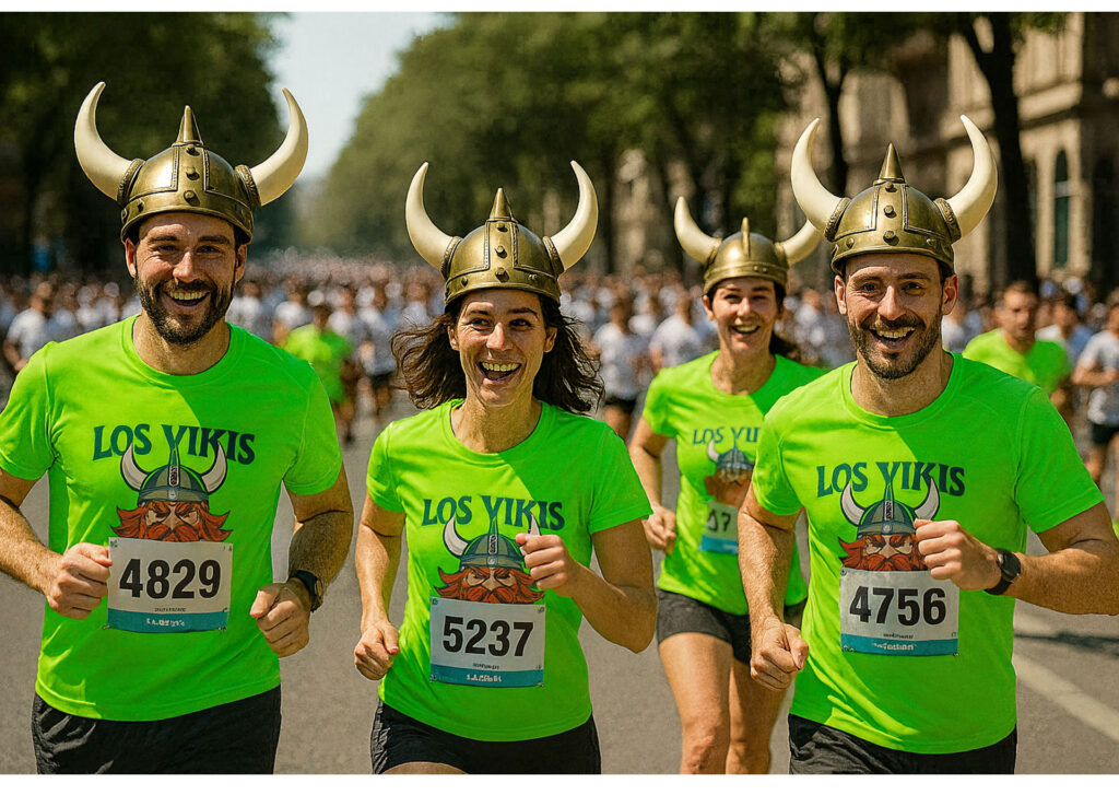 Grupo de corredores felices con camisetas personalizadas en Marcos Beltrán.